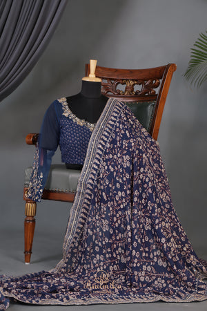 Mid night Blue Georgette saree with full sleeves blouse