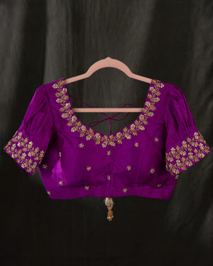 Deep purple Kanchipattu saree with contrast magenta gap border