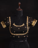 Orange mysore crepe silk saree with a stunning blouse pattern