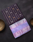 Stunning combo of brown and lavender Kanchipattu saree