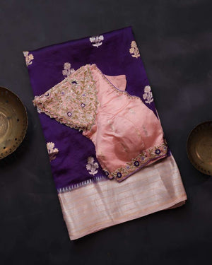 Raw mango silk saree in a beautiful violet and baby pink combo
