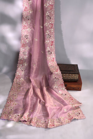 Elegant Satin Organza saree in lilac with intricate embroidery