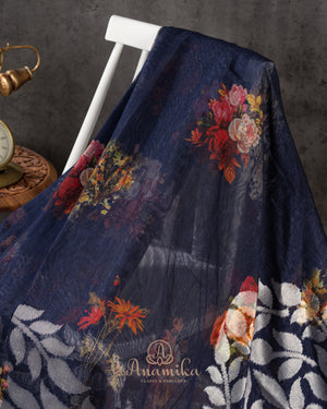Royal Blue Handloom Lenin saree with digital floral prints