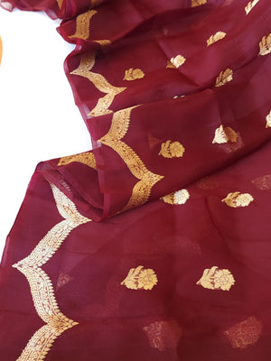 Raw mango organza saree in a unique brown and mustard green combo