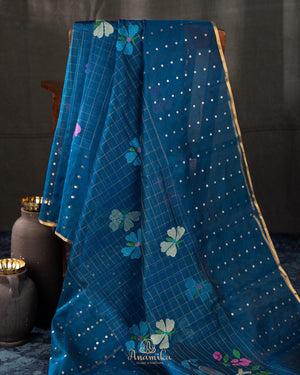 Muslin jamdaani saree in a beautiful peacock blue shade
