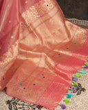 Blush peach Banarasi kora silk saree with pearl work blouse