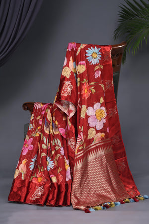 Soft silk floral saree in crimson red