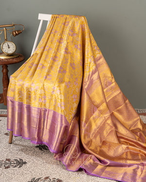 Lovely pastel yellow and lavender kanjeevaram saree