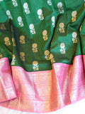 Unique Dark green and peach pink Venkatagiri Pattu saree