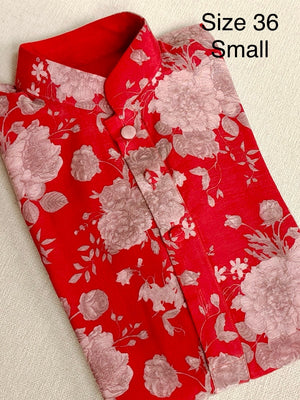 Beautiful Red Floral Kurta on soft chanderi silk fabric - Size 36.