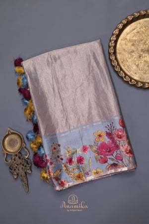 Pastel Blue Bloom Tissue Silk Saree