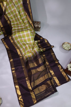 Designer Kanjeevaram with checkered body and contrast brown border