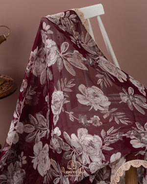 Brown Floral Chinnon saree with a contrast beige handwork blouse
