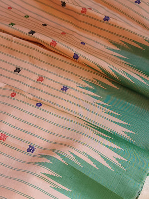 Gadwal saree in peach with beautiful contrast green temple borders