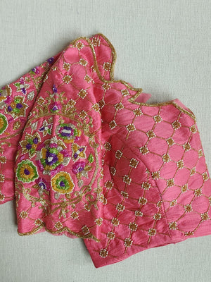 Peach Pink Banarasi saree with beautiful floral meena border
