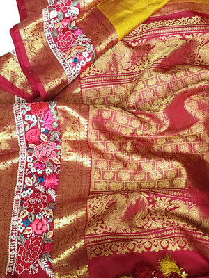 Mustard kanjeevaram saree in mustard with thread work border