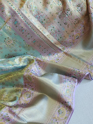 Stunning meenakari kanjeevaram in pastel green and lavender hues