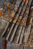 Kalamkari printed organza saree in dark grey