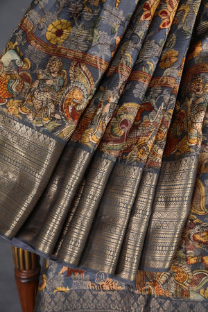 Kalamkari printed organza saree in dark grey