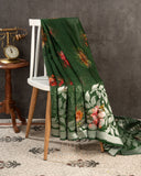 Dark forest green Handloom Lenin saree with digital floral prints