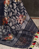 Royal Blue Handloom Lenin saree with digital floral prints