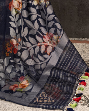 Royal Blue Handloom Lenin saree with digital floral prints