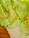 Lime Green Muslin Jamdaani saree with a peach pink crush tissue work blouse