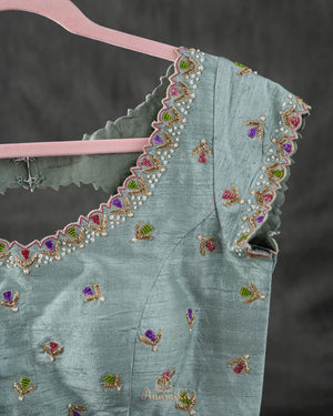 Tissue organza saree with hand painted floral appliq work