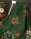 Dark forest green Handloom Lenin saree with digital floral prints