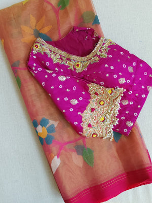 Peach Jamdaani saree with a beautiful bandini blouse