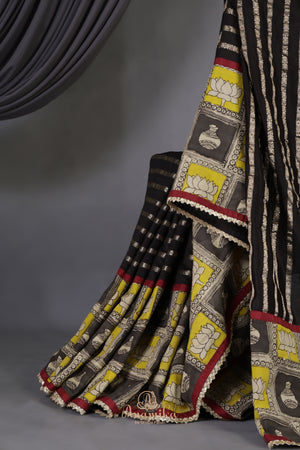 Black Chanderi Silk Saree with hand painted kalamkari border
