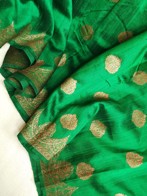 Banarasi Dupion saree in dark green with gold Zari border and motifs