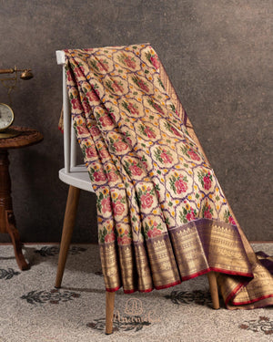 Light brown twill Patola saree with a contrast lavender border