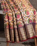 Light brown twill Patola saree with a contrast lavender border