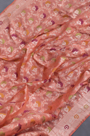 Beautiful Banarasi Silk Saree in peach and green combo