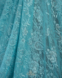 A contemporary lace saree in pastel blue with a stunning blouse pattern
