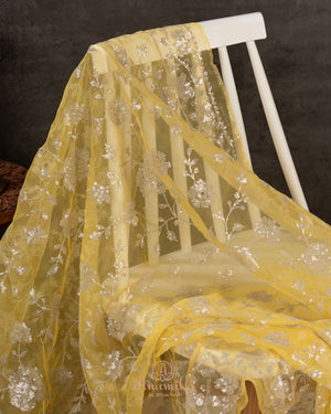 Yellow pure organza saree with all over work