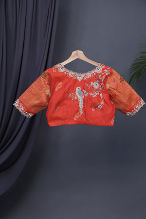 Aqua blue Gadwal saree with meenakari floral border in orange