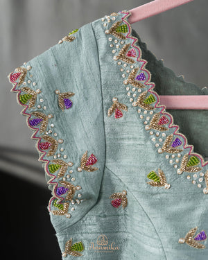 Tissue organza saree with hand painted floral appliq work