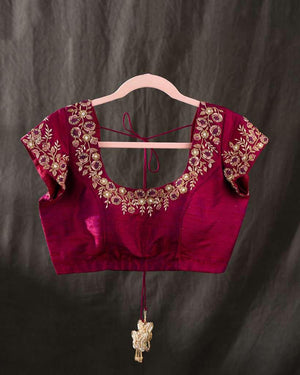 Magenta pink short sleeves blouse with beautiful embroidery