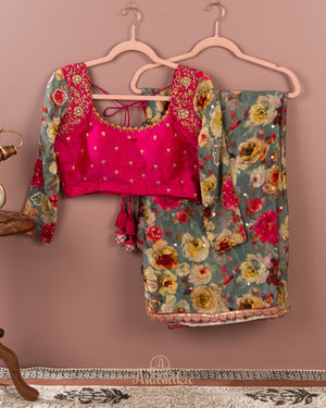 Grey Floral Chinnon saree with a contrast handwork blouse