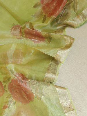 Pure tissue saree with hand painted floral appliq work