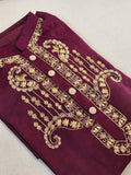 Maroon rawsilk kurta with heavy zardosi embroidery on neckline