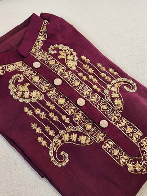 Maroon rawsilk kurta with heavy zardosi embroidery on neckline