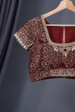 Deep wine modal silk ajrak saree with hand work border