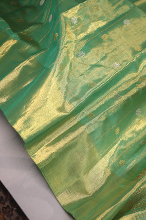 Green Tissue Kanchi saree with a contrast off white blouse