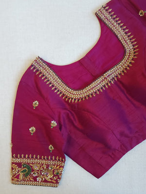Peacock Green Gadwal Kanchi Saree with a magenta pink border