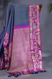Blue and purple kanjeevaram with floral applique border