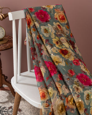 Grey Floral Chinnon saree with a contrast handwork blouse