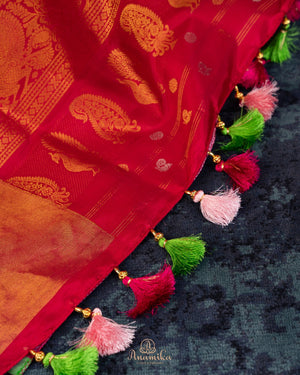 Pink Gadwal tissue saree with a contrast red border
